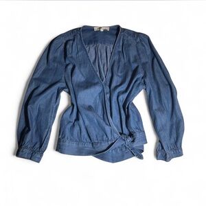 Madewell Blue Wrap Tie Front Sleeve Blouse